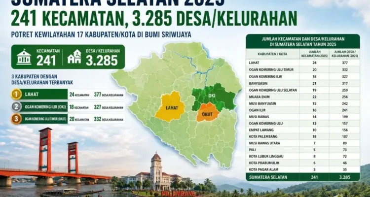 Berdasarkan data terbaru dari Badan Pusat Statistik (BPS) Provinsi Sumsel yang tercantum dalam sumsel.bps.go.id, Sumsel tahun 2025 mengelola total 241 kecamatan dan 3.285 desa serta kelurahan. (WARTADESAKU.CO.ID)