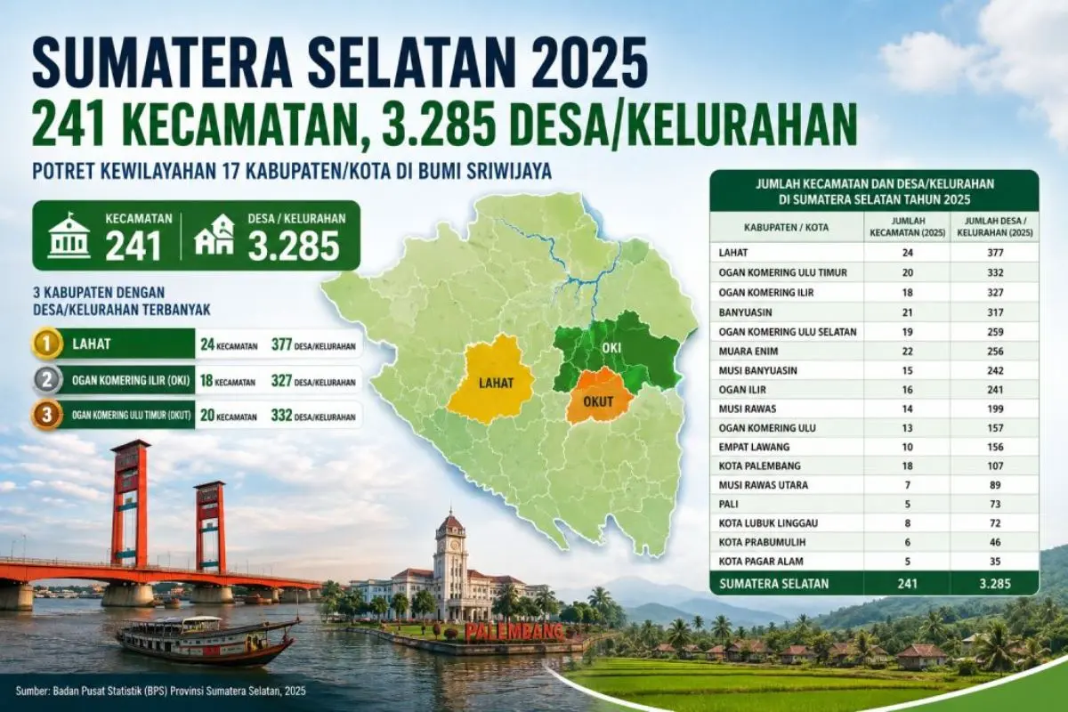 Berdasarkan data terbaru dari Badan Pusat Statistik (BPS) Provinsi Sumsel yang tercantum dalam sumsel.bps.go.id, Sumsel tahun 2025 mengelola total 241 kecamatan dan 3.285 desa serta kelurahan. (WARTADESAKU.CO.ID)